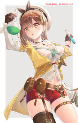 Rule 34 | 1girl, :o, aqua neckerchief, atelier (series), atelier ryza, atelier ryza 2, belt, belt pouch, beret, black choker, black hairband, border, braid, breasts, brown belt, brown eyes, brown gloves, brown hair, brown thighhighs, choker, collared shirt, commentary request, contrapposto, detached sleeves, drop earrings, earrings, flask, garter straps, gloves, hair between eyes, hairband, hat, highres, holding, holding flask, holding test tube, jacket, jewelry, key, key necklace, large breasts, light blush, looking at object, midriff, navel, neckerchief, necklace, outside border, partially fingerless gloves, patreon username, pouch, red shorts, reisalin stout, sebu illust, shirt, short shorts, shorts, signature, simple background, single earring, single garter strap, single thighhigh, sleeveless, sleeveless jacket, sleeveless shirt, solo, star (symbol), star earrings, test tube, thigh belt, thigh strap, thighhighs, white border, white headwear, white shirt, white sleeves, yellow jacket