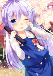 Rule 34 | 1girl, ;d, blue skirt, blue vest, blurry, blurry background, blush, chinomaron, commentary request, crying, crying with eyes open, depth of field, dutch angle, flower, gochuumon wa usagi desu ka?, graduation, hair between eyes, hair ornament, hands up, highres, holding, kafuu chino, kafuu chino&#039;s school uniform, long hair, long sleeves, one eye closed, open mouth, petals, purple hair, red flower, red rose, rose, school uniform, shirt, skirt, smile, solo, tears, translation request, tube, very long hair, vest, white shirt, x hair ornament