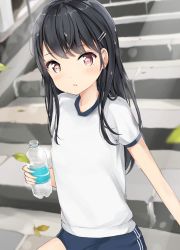 Rule 34 | 1girl, arm support, black hair, blue shorts, blurry, blurry background, blush, bottle, commentary request, depth of field, dutch angle, gym shirt, gym shorts, gym uniform, hair ornament, hairclip, head tilt, holding, holding bottle, leaf, long hair, looking at viewer, original, parted lips, red eyes, shimamuucho, shirt, short shorts, short sleeves, shorts, sitting, sitting on stairs, solo, stairs, stone stairs, water bottle, white shirt
