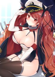 Rule 34 | 1girl, adjusting clothes, adjusting headwear, azur lane, big hair, black thighhighs, blush, breasts, chain, chain between breasts, collar, dress, elbow gloves, garter straps, gloves, hair tie, hat, honolulu (azur lane), jacket, jacket on shoulders, large breasts, metal collar, miko (royal milk), military jacket, peaked cap, red eyes, red hair, rigging, shiny clothes, sitting, skindentation, smile, solo, thighhighs, thong, turret, twintails, two-tone dress, white gloves, white hat