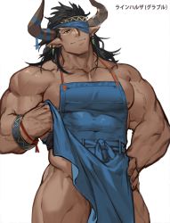 Rule 34 | 1boy, apron, apron lift, bara, bare pectorals, blue apron, clothes lift, covered abs, covered navel, dark-skinned male, dark skin, draph, earrings, eyepatch, gomtang, granblue fantasy, groin, head tilt, jewelry, large pectorals, long hair, looking at viewer, male focus, mature male, muscular, muscular male, naked apron, nipple slip, nipples, pectorals, pointy ears, reinhardtzar, sideburns, smile, solo, thick thighs, thighs