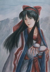 Rule 34 | 1girl, ainu clothes, black eyes, black hair, breasts, fingerless gloves, gloves, hair ribbon, long hair, nakoruru, realistic, ribbon, samurai spirits, small breasts, smile, snk, solo, the king of fighters, traditional media