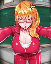 Rule 34 | 1girl, absurdres, anger vein, angry, breasts, chalkboard, cleavage, commentary request, highres, large breasts, long hair, looking at viewer, open mouth, orange hair, original, red-framed eyewear, red eyes, solo, standing, teacher, track suit, wolffeld price, zipper