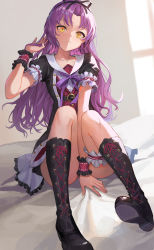 Rule 34 | 1girl, black footwear, boots, bow, breasts, bridal garter, covering crotch, covering privates, cross-laced footwear, dress, eiyuu densetsu, falcom, frills, hair bow, hair ribbon, hand in own hair, highres, lace-up boots, long hair, looking at viewer, purple hair, renne (eiyuu densetsu), ribbon, sen no kiseki, sitting, sl86, small breasts, solo, two-tone dress, wrist cuffs, yellow eyes