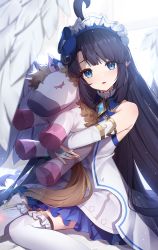 Rule 34 | 1girl, ahoge, ankkoyom, armlet, bare shoulders, black hair, blue bow, blue eyes, blurry, blush, bow, bridal gauntlets, brooch, depth of field, detached sleeves, dress, feathered wings, feet out of frame, frilled dress, frilled hairband, frilled thighhighs, frills, hair bow, hairband, highres, huge ahoge, hugging object, jewelry, light particles, long hair, panilla the revival, parted lips, sidelocks, sitting, solo, straight hair, stuffed animal, stuffed horse, thighhighs, very long hair, wariza, white dress, white thighhighs, white wings, wings