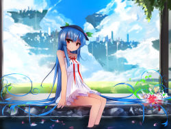 Rule 34 | 1girl, bare shoulders, blue hair, floating island, hat, highres, hinanawi tenshi, long hair, red eyes, shuizao (little child), sitting, soaking feet, solo, touhou, very long hair, water