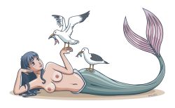 Rule 34 | 1girl, artist name, bird, blue eyes, blue hair, blush, breasts, fish, karvis, long hair, lying, mermaid, monster girl, nipples, nude, on side, seagull, signature, simple background, smile, tan, tanline, topless, vector trace, white background