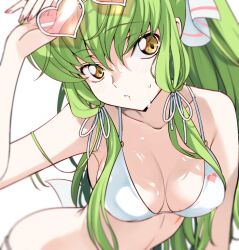 Rule 34 | 1girl, c.c., close-up, code geass, creayus, glasses on head, green hair, solo, swimsuit, water drop