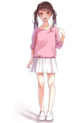 Rule 34 | 1girl, arm at side, arm up, brown eyes, brown hair, full body, hami yura, highres, long sleeves, looking at viewer, open mouth, original, pink shirt, pleated skirt, shirt, shoes, simple background, skirt, sleeves rolled up, solo, teeth, twintails, white background, white footwear, white skirt