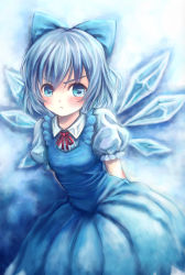 Rule 34 | 1girl, :t, arms behind back, blue dress, blue eyes, blue hair, blush, bow, bryanth, cirno, dress, embellished costume, face, frills, hair bow, ice, matching hair/eyes, pout, short hair, solo, tears, embodiment of scarlet devil, touhou, wings