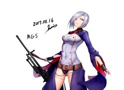 Rule 34 | 1girl, artist name, belt, blue eyes, breasts, chaps, character name, cleavage, cleavage cutout, clothing cutout, crotch cutout, dated, girls&#039; frontline, grey hair, gun, highres, holding, holding gun, holding weapon, jai (whany1998), large breasts, looking at viewer, mg5 (girls&#039; frontline), parted lips, revealing clothes, short hair, signature, smile, solo, teeth, weapon