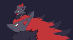 Rule 34 | black background, bright pupils, closed mouth, commentary request, creatures (company), evolutionary line, fang, game freak, gen 5 pokemon, green eyes, jaho, nintendo, on head, open mouth, pokemon, pokemon (creature), pokemon on head, simple background, smile, tongue, white pupils, zoroark, zorua
