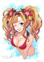 Rule 34 | 1girl, 2020, absurdres, bikini, bikini top only, black hairband, blonde hair, blue eyes, breasts, cleavage, collarbone, cropped arms, cropped torso, dated, floating hair, flower, granblue fantasy, grin, hair flower, hair intakes, hair ornament, hairband, hibiscus, highres, long hair, looking at viewer, medium breasts, o-ring, o-ring bikini, one eye closed, red bikini, red flower, smile, solo, swimsuit, twintails, twitter username, very long hair, warrose, yellow flower, zeta (granblue fantasy), zeta (summer) (granblue fantasy)