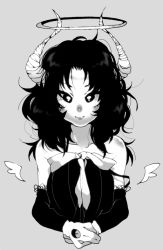Rule 34 | 1girl, alice (bendy and the ink machine), bare shoulders, bendy and the ink machine, black hair, breasts, detached sleeves, dress, gloves, horns, solo