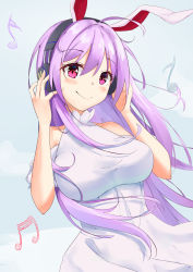 Rule 34 | 1girl, absurdres, ahoge, alternate costume, animal ears, bare shoulders, beamed eighth notes, blue background, blush, clothing cutout, cowboy shot, diving penguin, dress, eighth note, hair between eyes, hands up, headphones, highres, long hair, looking at viewer, musical note, purple eyes, purple hair, rabbit ears, reisen udongein inaba, shoulder cutout, sidelocks, smile, solo, standing, touhou, white dress
