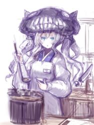 Rule 34 | 1girl, abyssal ship, alternate costume, apron, chestnut mouth, commentary request, cooking, japanese clothes, jitome, kantai collection, kappougi, kimono, kitchen knife, ladle, name tag, pot, saucer, sketch, solo, sumisu (mondo), wo-class aircraft carrier