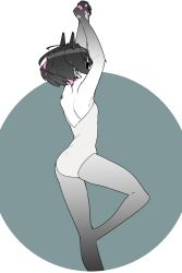 Rule 34 | 1girl, animal ears, ballerina, ballet, black eyes, black hair, breasts, cat ears, colored skin, from behind, gradient skin, grey skin, hands up, idkuroi, kokubunji suou, leotard, mechanical ears, mole, mole under mouth, multicolored hair, original, pantyhose, small breasts, solo, standing, standing on one leg, streaked hair, white skin