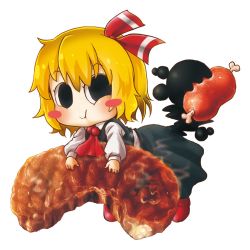 Rule 34 | 1girl, ascot, blonde hair, blush stickers, boned meat, chamaji, chewing, chibi, commentary request, eating, food, hair ribbon, hamburger steak, highres, long sleeves, looking at viewer, meat, ribbon, rumia, shoes, short hair, simple background, skirt, skirt set, solo, steam, touhou, vest, white background