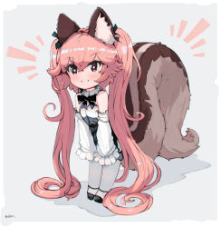 Rule 34 | 1girl, absurdly long hair, animal ear fluff, animal ears, bare shoulders, black bow, black footwear, black neckwear, black ribbon, black skirt, blush, bow, chibi, choker, commentary, curly hair, detached sleeves, dress, ehrrr, frilled choker, frilled sleeves, frills, full body, grey background, hair ribbon, highres, large tail, legs together, long hair, long sleeves, original, pantyhose, pink eyes, pink hair, ribbon, skirt, sleeveless, sleeveless dress, smile, solo, squirrel ears, squirrel girl, squirrel tail, standing, tail, twintails, twitter username, very long hair, white pantyhose, wide sleeves