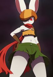 Rule 34 | 10s, 1girl, animal ears, bare legs, breasts, dragon ball, dragon ball super, eric lowery, female focus, furry, furry female, gloves, hat, highres, looking at viewer, navel, no humans, rabbit ears, red eyes, red scarf, scarf, shorts, small breasts, smile, sorrel, sssonic2, universe 9 (dragon ball)