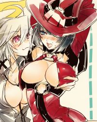 Rule 34 | 2girls, black hair, blue eyes, border, breasts, center opening, cleavage, spiked halo, grabbing, grabbing another&#039;s breast, guilty gear, guilty gear xrd, halo, hat, i-no, jack-o&#039; valentine, large breasts, multiple girls, no bra, open mouth, oro (sumakaita), red eyes, red hat, simple background, white hair, yuri