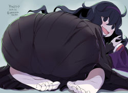 Rule 34 | 1girl, @ @, all fours, amasora taichi, ass, ass focus, black hair, blush, breasts, commentary request, creatures (company), dated, feet, game freak, hairband, hex maniac (pokemon), long hair, looking at viewer, looking back, nintendo, poke ball, poke ball (basic), pokemon, pokemon xy, signature, solo, toes, twitter username, wavy mouth