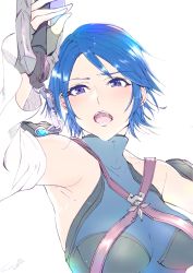 Rule 34 | 1girl, aqua (kingdom hearts), armpits, blue eyes, blue hair, breasts, fingerless gloves, gloves, highres, keyblade, kingdom hearts, kingdom hearts birth by sleep, kingdom hearts iii, kuziaaizuk, looking at viewer, open mouth, short hair, simple background, solo, white background