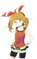 Rule 34 | 10s, 1990s (style), 1girl, alternate color, armpits, backpack, bag, bandana, belt, bike shorts, bike shorts under shorts, blue eyes, blush, bracelet, breasts, brown hair, collarbone, creatures (company), fanny pack, game freak, hair ribbon, hairband, hand on own hip, handbag, hip focus, jewelry, long hair, looking at viewer, may (pokemon), may (pokemon oras), nintendo, outstretched arms, poke ball, pokemon, pokemon oras, pokemon rgby, red shirt, retro artstyle, ribbon, shiny skin, shirt, short shorts, shorts, simple background, sketch, sleeveless, small breasts, solo, spread arms, vest, viavin, white background