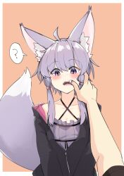 Rule 34 | 1boy, 1girl, ?, ahoge, animal ear fluff, animal ears, blush, breasts, criss-cross halter, dress, fang, finger in another&#039;s mouth, fox ears, fox girl, fox tail, hair ornament, halterneck, highres, hood, jacket, long sleeves, looking at viewer, open mouth, pov, purple dress, purple eyes, purple hair, short hair with long locks, short sleeves, sidelocks, small breasts, spoken question mark, tail, voiceroid, yuzuki yukari, zooanime