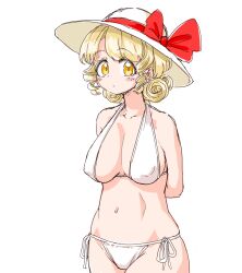 Rule 34 | 1girl, arms behind back, bikini, blonde hair, blush stickers, bow, breasts, closed mouth, collarbone, commentary request, covered erect nipples, cowboy shot, curly hair, drill hair, elly (touhou), halterneck, hat, hat bow, hat ribbon, large breasts, looking at viewer, navel, red bow, red ribbon, ribbon, s-a-murai, short hair, side-tie bikini bottom, solo, standing, sun hat, swimsuit, touhou, touhou (pc-98), twin drills, white background, white bikini, white hat, yellow eyes
