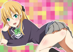 Rule 34 | 1girl, ass, black socks, blazer, blonde hair, blush, bow, breasts, come hither, gamers!, green eyes, hara (harayutaka), head rest, jacket, kneehighs, large breasts, long hair, looking at viewer, lying, miniskirt, on stomach, open mouth, pleated skirt, school uniform, skirt, smile, socks, solo, tendou karen, the pose