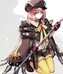 Rule 34 | 1girl, ankle boots, bag, banpai akira, boots, cabbie hat, coat, commentary request, gloves, gun, hair between eyes, handgun, hat, holding, holding staff, holster, kneeling, looking at viewer, original, overcoat, pantyhose, pantyhose under shorts, parted lips, pink hair, pistol, purple gloves, red eyes, red gloves, satchel, short hair, short shorts, shorts, sidelocks, solo, staff, weapon, yellow pantyhose