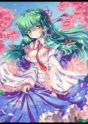 Rule 34 | 1girl, breasts, cherry blossoms, cleavage, detached sleeves, female focus, frills, frog, frog hair ornament, green hair, hair ornament, highres, kochiya sanae, letterboxed, long hair, looking at viewer, north abyssor, petals, skirt hold, snake, snake hair ornament, solo, touhou, yellow eyes