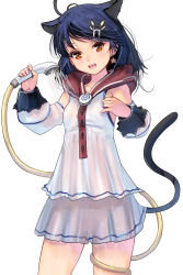 Rule 34 | 1girl, ahoge, animal ears, black hair, brown eyes, cat ears, cat tail, clothed bath, detached sleeves, dress, earrings, extra ears, hair ornament, hairclip, highres, jewelry, kouno (masao), long hair, looking at viewer, open mouth, original, shower head, showering, solo, standing, tail, wet, wet clothes, white background, white dress