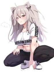 Rule 34 | 1girl, animal ears, ayagi daifuku, breasts, cleavage, collarbone, commentary request, crop top, crop top overhang, full body, grey eyes, grey hair, hair between eyes, highres, hololive, large breasts, lion ears, lion girl, lion tail, long hair, looking at viewer, midriff, navel, official alternate costume, shishiro botan, shoes, short sleeves, smile, sneakers, solo, sports bra, squatting, tail, twintails, virtual youtuber, white footwear