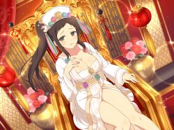 Rule 34 | 1girl, architecture, blue flower, blush, breasts, brown hair, cleavage, clothing request, east asian architecture, flower, flower pot, green eyes, green flower, hat, highres, japanese clothes, large breasts, long hair, looking at viewer, murakumo (senran kagura), official alternate costume, official art, open mouth, pink flower, purple flower, red flower, senran kagura, senran kagura new link, senran kagura shinovi versus, side ponytail, sitting, solo, tassel, throne, translation request, yaegashi nan, yellow flower