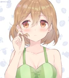 Rule 34 | 1girl, bandaid, bandaid on face, bikini, brown eyes, brown hair, collarbone, commentary request, green bikini, kantai collection, looking to the side, oboro (kancolle), one-hour drawing challenge, playing with hair, saiki yuzuri, short hair, solo, swimsuit, twitter username, upper body, white background