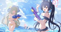Rule 34 | 3girls, ^ ^, absurdres, animal ears, bikini, black bikini, breasts, cat ears, closed eyes, commentary, frilled bikini, frills, front-tie bikini top, front-tie top, halo, hat, highres, holding, holding water gun, hoshino (blue archive), hoshino (swimsuit) (blue archive), inflatable toy, inflatable whale, large breasts, long hair, looking at another, lying, multiple girls, nonomi (blue archive), nonomi (swimsuit) (blue archive), official alternate costume, playing, rahy, red eyes, serika (blue archive), serika (swimsuit) (blue archive), side-tie bikini bottom, sun hat, swimsuit, twintails, very long hair, wading, water gun, white bikini, white hat, yellow bikini