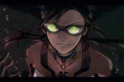 00s 1girl bad_id bad_pixiv_id dark evangelion:_2.0_you_can_(not)_advance female_focus glasses glowing glowing_eyes green_eyes hosaka_dx letterboxed makinami_mari_illustrious mecha_pilot_suit neon_genesis_evangelion plugsuit rebuild_of_evangelion smile solo