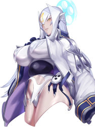 Rule 34 | 1girl, absurdres, android, bombergirl, braid, breasts, coat, coat on shoulders, colored eyelashes, commentary request, cowboy shot, cropped legs, french braid, grey hair, hair between eyes, hair over breasts, half-closed eyes, halo, hand on own hip, highres, kumiko shiba, large breasts, long hair, long sleeves, looking at viewer, mechanical arms, navel, open clothes, open coat, panties, parted lips, pointy ears, robot ears, shiny skin, sidelocks, sideways glance, silva (bombergirl), simple background, smile, solo, thick thighs, thighs, underwear, white background, white coat, white panties, wide sleeves, yellow eyes