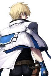 Rule 34 | 1boy, ass, blonde hair, blue eyes, blue gloves, ebi pri shrimp, from behind, gloves, guilty gear, guilty gear strive, holding, holding sword, holding weapon, jacket, jacket on shoulders, ky kiske, looking to the side, male focus, pants, partially fingerless gloves, shaded face, sheath, short hair, simple background, solo, sword, weapon, white background, white jacket