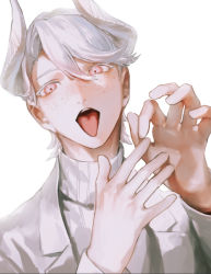 Rule 34 | 1boy, commentary, fellatio gesture, freckles, hair between eyes, hands up, highres, horns, ishida (segu ishida), jacket, long sleeves, looking at viewer, male focus, open mouth, original, pink eyes, short hair, simple background, solo, sweater, tongue, tongue out, turtleneck, turtleneck sweater, upper body, white background, white hair, white jacket, white sweater