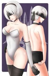 Rule 34 | 1boy, 1girl, black blindfold, black hairband, black thighhighs, blindfold, breasts, cleavage, gloves, hairband, highres, leotard, mole, mole under mouth, nier (series), nier:automata, short hair, silver hair, thighhighs, 2b (nier:automata), 9s (nier:automata)