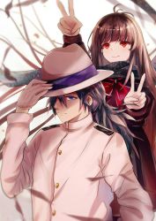 Rule 34 | 1boy, 1girl, arm up, bad id, bad pixiv id, black hair, black scarf, black shirt, blue eyes, blurry, blurry background, brown hair, closed mouth, commentary request, depth of field, double v, fate/grand order, fate (series), gloves, hair between eyes, hand on headwear, hand up, hat, highres, jacket, long hair, long sleeves, mutang, neckerchief, oryou (fate), red eyes, red neckerchief, sakamoto ryouma (fate), scarf, shirt, smile, torn clothes, torn neckerchief, v, very long hair, white background, white gloves, white hat, white jacket