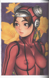 Rule 34 | 1girl, absurdres, bodysuit, breasts, brown eyes, brown hair, cable, diving suit, flower, highres, large breasts, lips, mechanical, original, scan, skin tight, solo, tsukasa jun, wetsuit