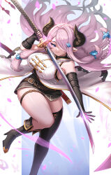 Rule 34 | 1girl, anklet, black footwear, black gloves, blue eyes, boots, braid, breasts, bug, burnt green tea, butterfly, butterfly hair ornament, curvy, draph, eyebrows hidden by hair, falling petals, gloves, granblue fantasy, hair ornament, highres, holding, holding sword, holding weapon, horns, insect, jewelry, katana, large breasts, legs, long hair, long sword, looking at viewer, miniskirt, narmaya (granblue fantasy), petals, pink hair, pointy ears, simple background, skirt, smile, sparkle, sword, very long hair, weapon, wind