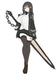 Rule 34 | 1girl, absurdres, black hair, black jacket, black skirt, breasts, brown footwear, brown thighhighs, center frills, chain, chixiao, closed mouth, dress shirt, earrings, frills, full body, greatsword, hair between eyes, highres, huge breasts, huge weapon, jacket, jewelry, leg tattoo, loafers, long hair, long sleeves, open clothes, open jacket, original, pleated skirt, red eyes, shirt, shoes, simple background, single earring, skindentation, skirt, sleeves past wrists, smile, solo, sword, tattoo, thighhighs, very long hair, weapon, white background, white shirt