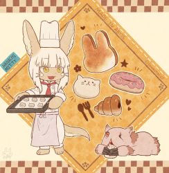 Rule 34 | 2girls, artist request, bad id, bad twitter id, brown eyes, character name, chef, cooking, furry, grey hair, hat, made in abyss, mitty (made in abyss), multiple girls, nanachi (made in abyss), open mouth, rabbit, short hair, standing, white hat