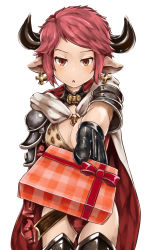 Rule 34 | 10s, 1girl, :o, animal ears, armor, blush, boots, breasts, cape, cleavage, cow ears, cow horns, cowboy shot, draph, earrings, foreshortening, gift, gloves, granblue fantasy, highres, horns, jewelry, large breasts, peli can, red eyes, red hair, short hair, solo, sturm (granblue fantasy), swept bangs, thigh boots, thighhighs, valentine, white background