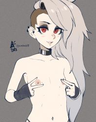 Rule 34 | 1girl, aurahack, breasts, collar, commentary, earrings, flat chest, grey background, helluva boss, highres, jewelry, long hair, loona (helluva boss), mole, mole on breast, navel, nipples, red eyes, silver hair, simple background, solo, undercut, very long hair